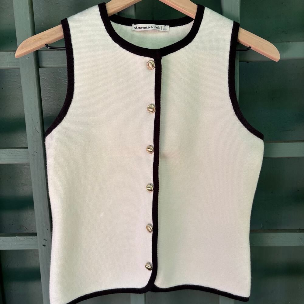 Abercrombie & Fitch Mara Sweater Vest Cream Black Contrast Trim S- old money